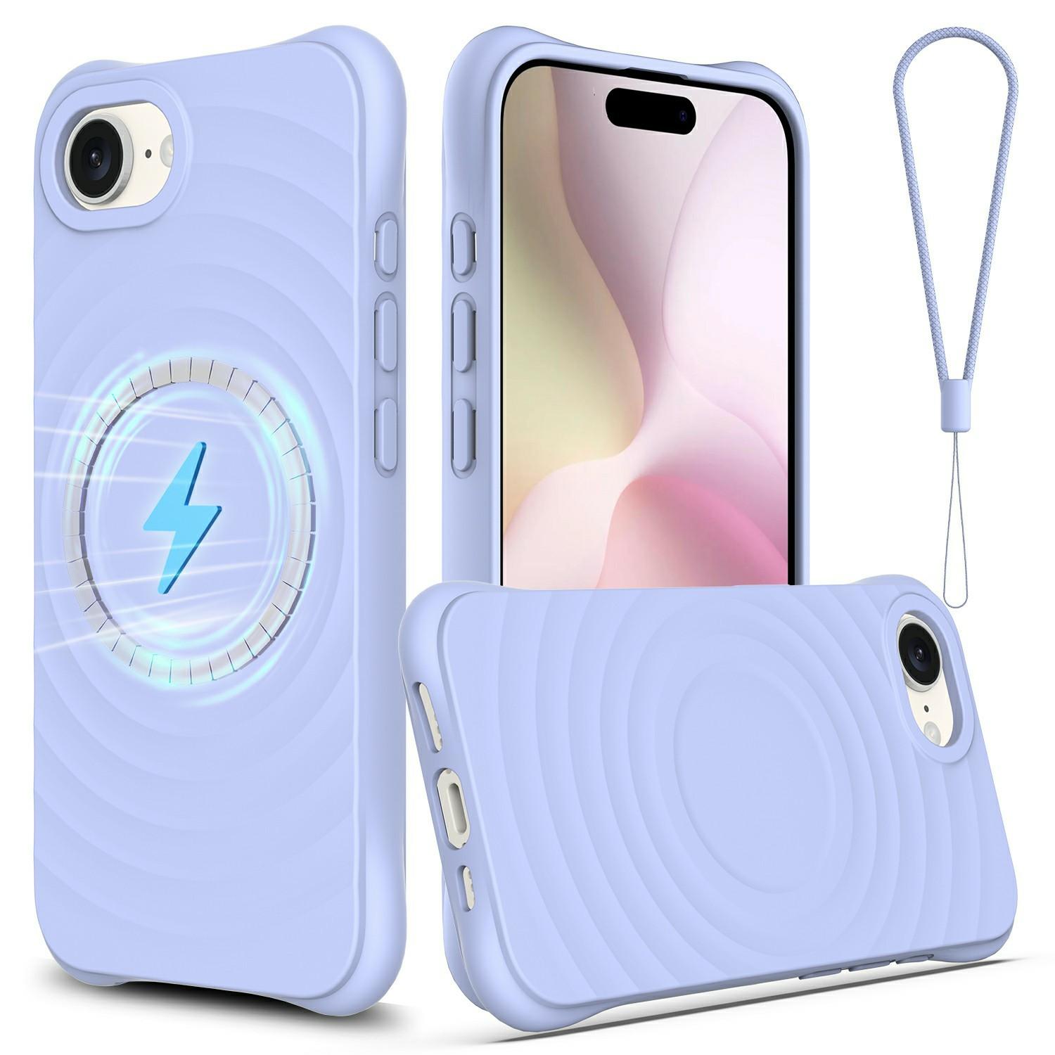 

For iPhone 16e Case Compatible with MagSafe Ripple Texture Liquid Silicone Protective Cover with Strap Purple