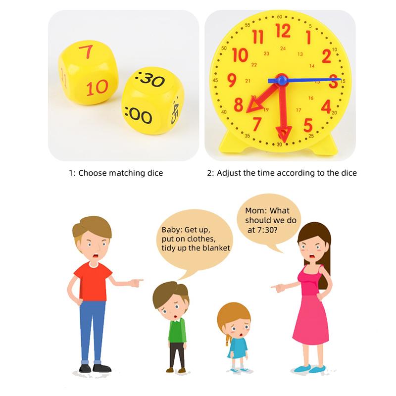 Time Teaching & Demonstration Clock Model Including 1 Count Plastic Clock & 3 Counts Dices Math Learning Toys For Kids Christmas