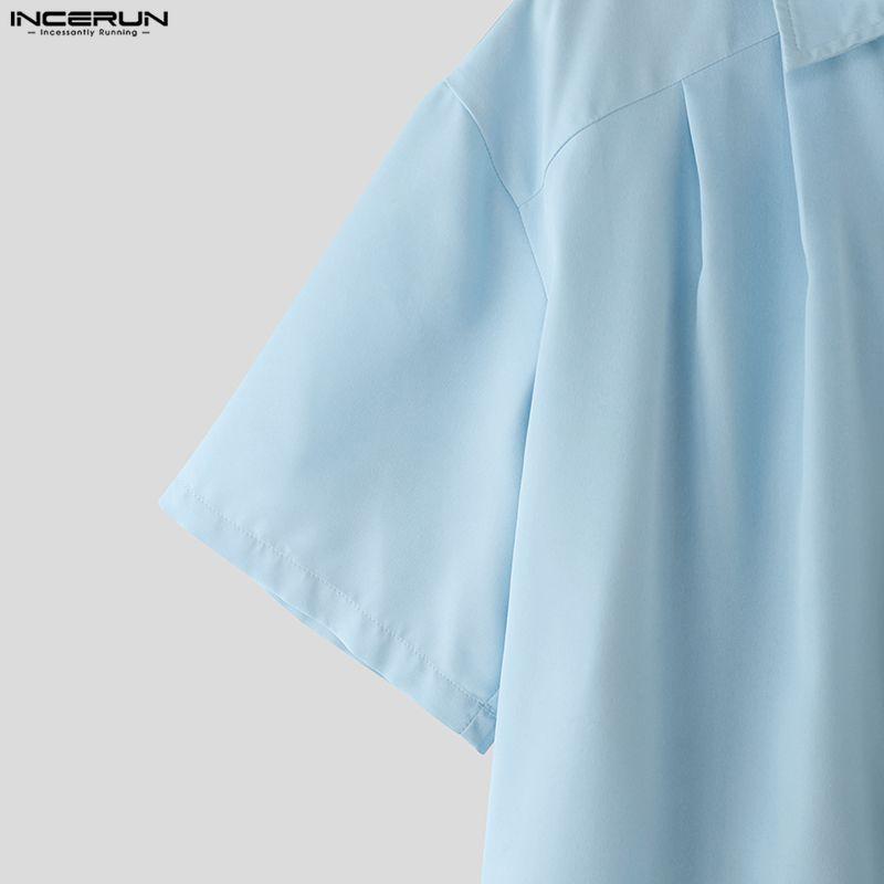 INCERUN Oversized Men Lapel Neck Short Sleeve Stitching Casual Loose Shirts