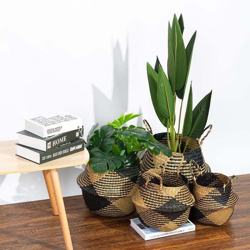 Handmade Straw Storage Baskets Rattan Flower Pot Belly Basket with Handles Folding Clothes Laundry Storage Container
