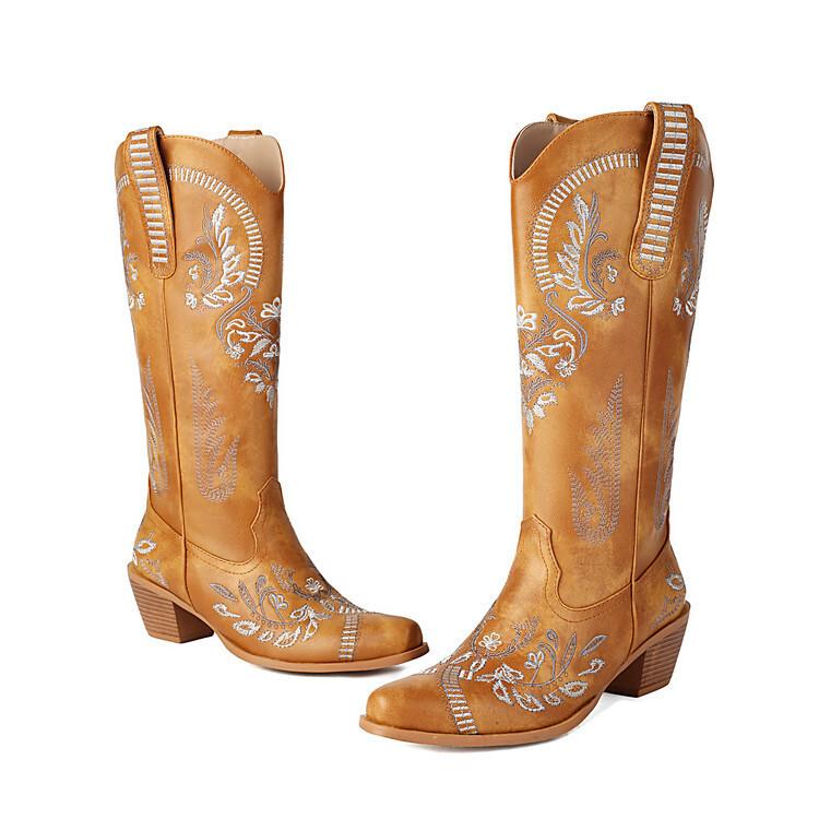 Women's Shoes Boots Embroidered Tall Boots Thick Heel Sleeve Pointed Knight Boots Vintage Martin Boots