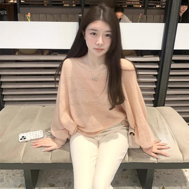New Fashion Crew Neck Loose Hollow Out Sweater Autumn New Lantern Sleeve Knitted Office Casual Knitwear Top Thin Simple Clothing