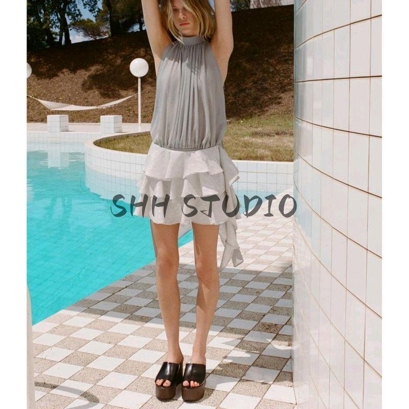 Summer New Product Women's Clothes Casual Style Metal Color Line Asymmetric Laminated Decoration Mini Skirt 2180409
