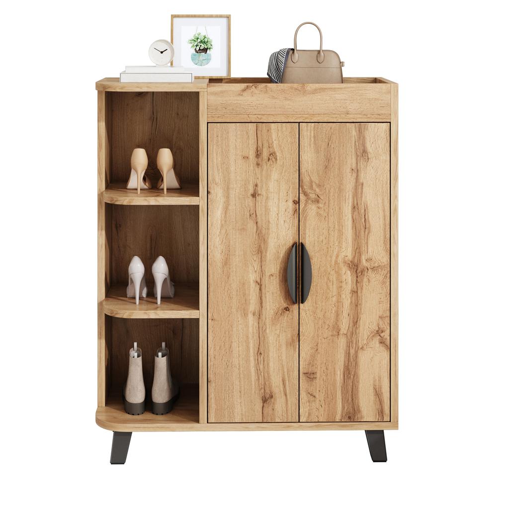 Narrow Shoe Cabinet, Double-Door, Shoe Rack with Open Compartments, Wood Look, Multi-Purpose Cabinet for Hallway, for Small Spaces, with Top Shelf