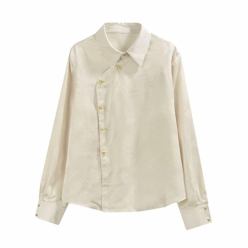 Fashion Style 2024 Spring New Arrival Women's Fashion All-Match National Style Stylish Long Sleeves Jacquard Slub Button Shirt