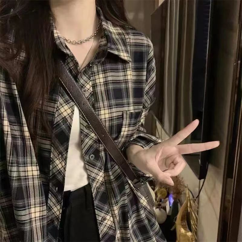 

YYFS Женская мода Повседневная весна-осень клетчатый принт Длинные рукава воротник поло Блузки и рубашки XXXL