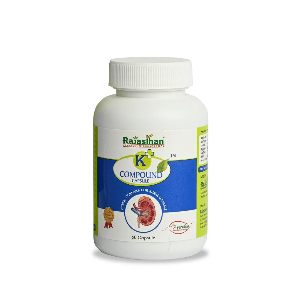 Rajasthan Aushdhalaya K+ Compound Capsule for Healthy Kidneys | Relief from Painful and Burning Urination | 60 Capsules