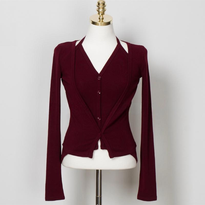 Korean Style Strappy Halter V-Neck Two-Piece Cardigan & T-Shirt Set for Women