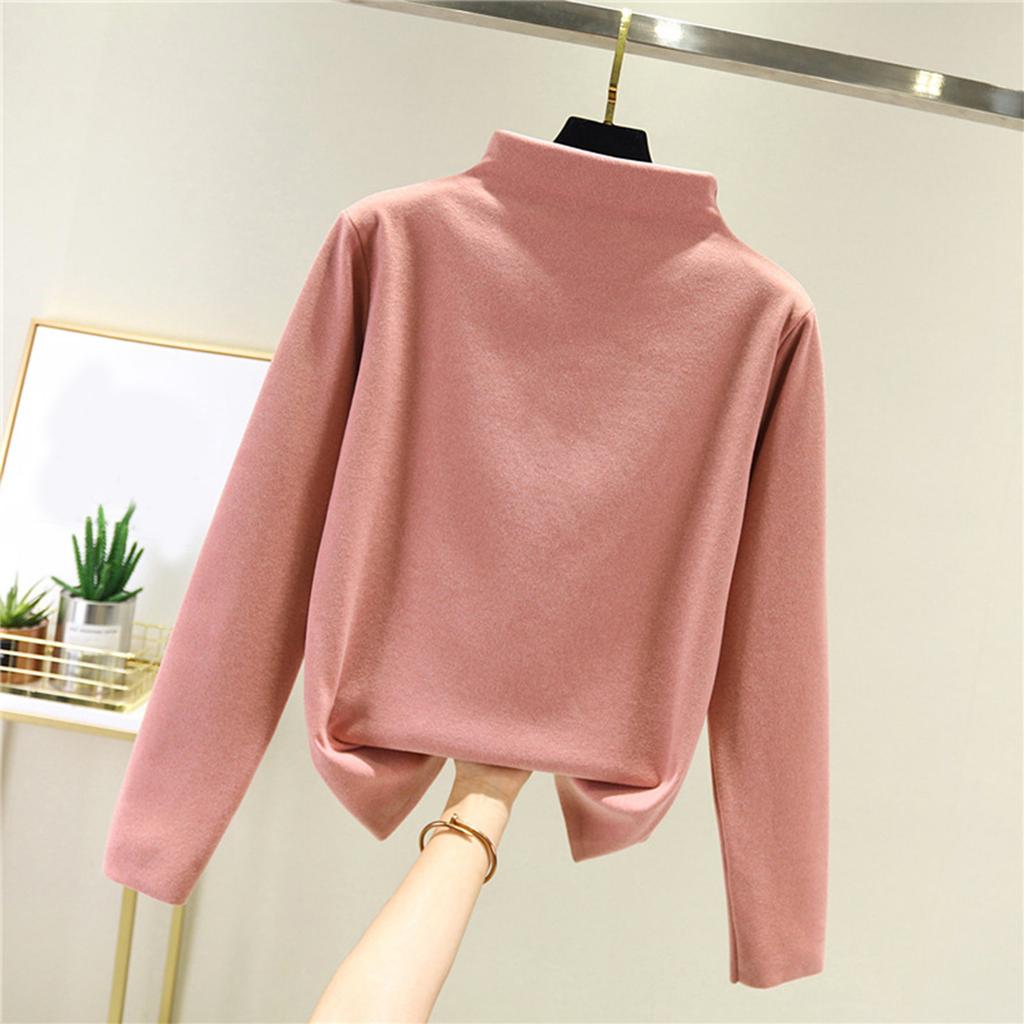 Women's Thick Fleece Base Shirt With Warm Inner Layer And Seamless Long Sleeved T-shirt Half High Neck Top