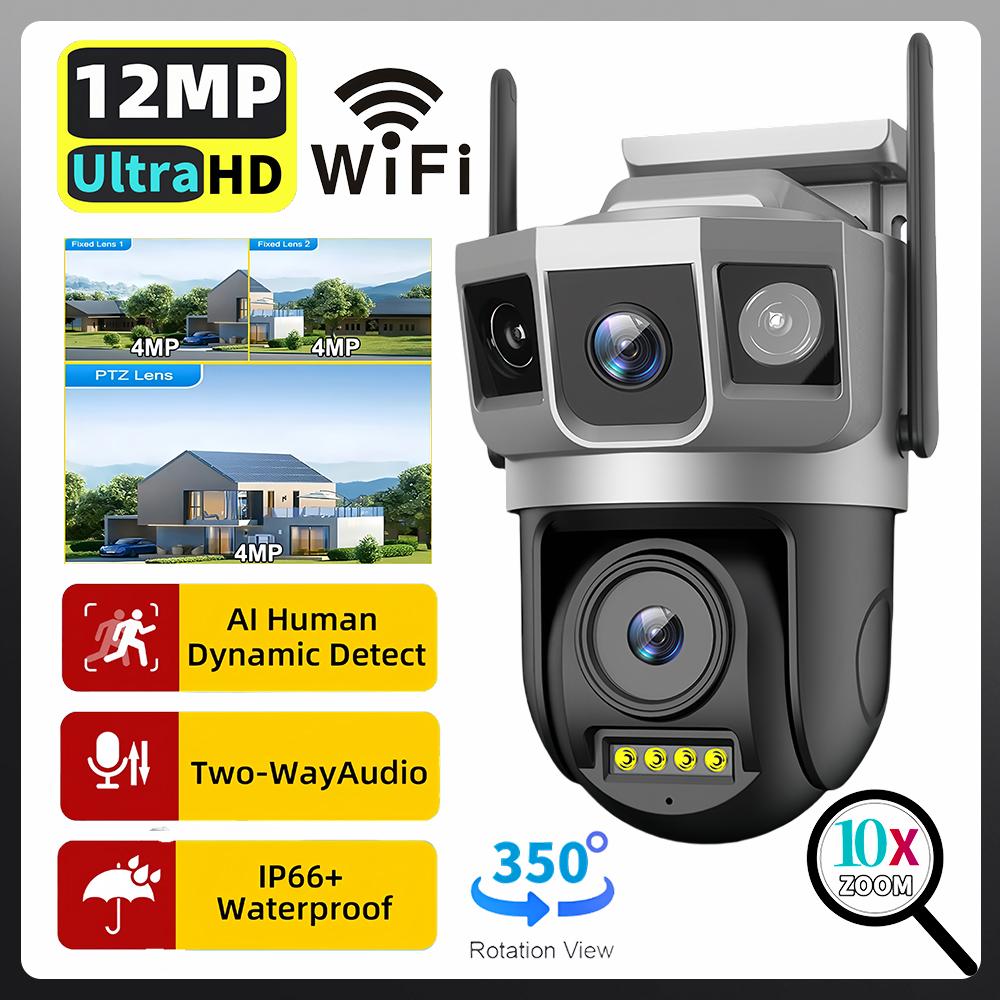 

6K 12MP WiFi Outdoor 2 Lens 3Screen PTZ Auto Tracking HD Full Color Night Vision V380 CCTV Security IP Camera Security Only Wifi Camera білий
