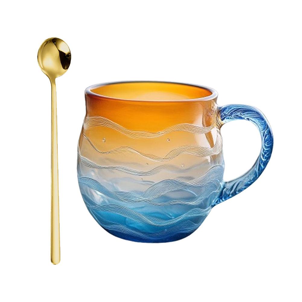 350ml Handmade Sunset Ocean Glass Cup Afternoon Tea Office Mug Unique Design Orange Gradient Blue Sending Spoons
