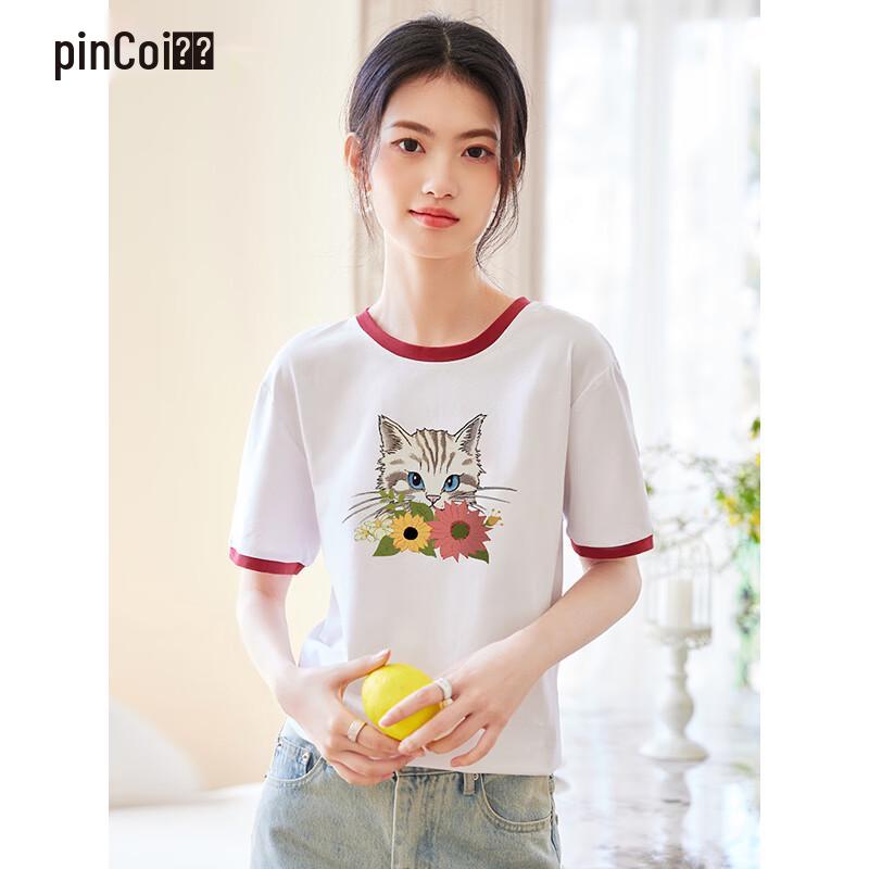 Pincai Women s Cute Cat Print Color Block Short Sleeve T-Shirt L