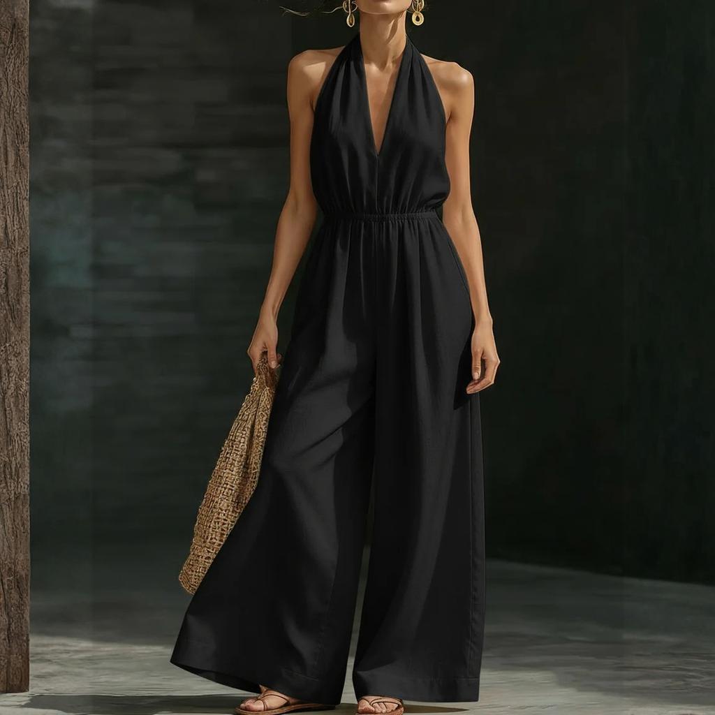 Women's V-neck Wide-leg Sleeveless Belted Long Jumpsuit