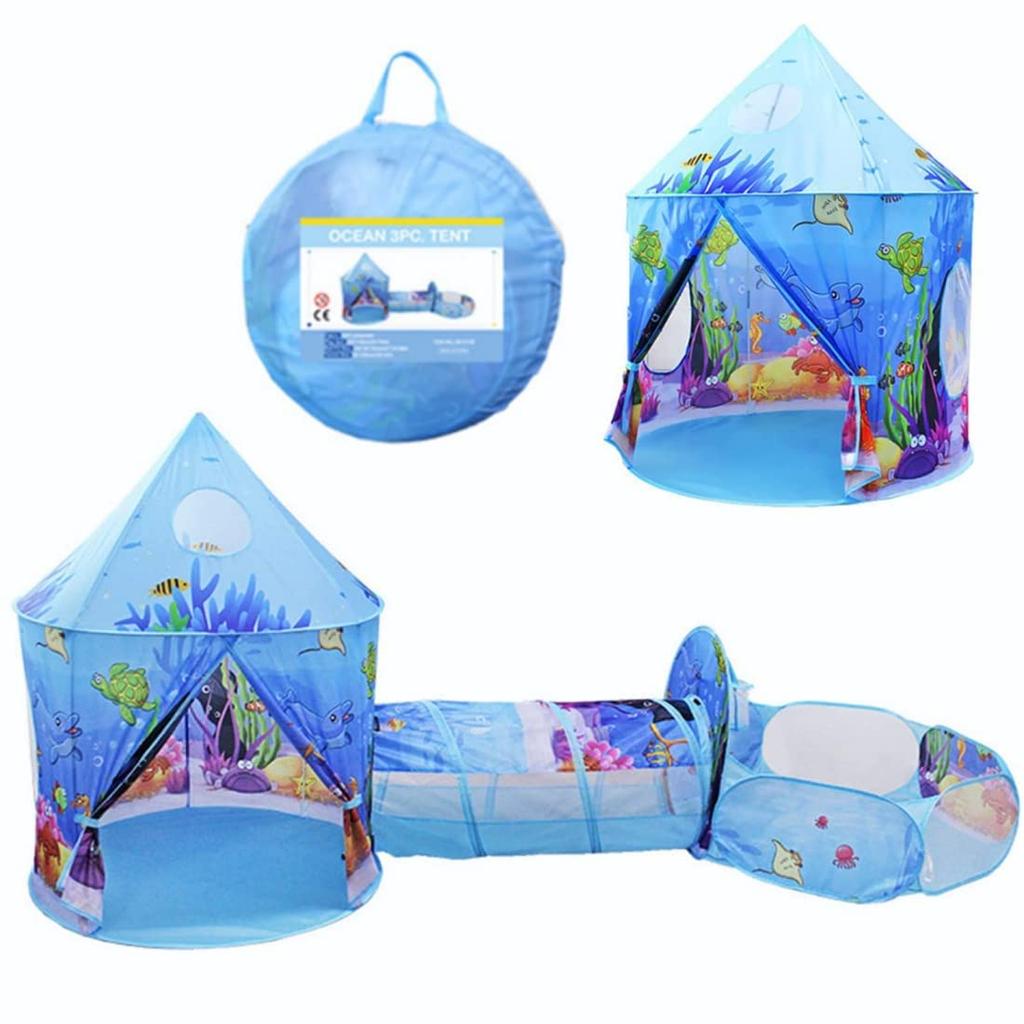 Floving 3-in-1 Kids' Tent Set, Folds Up and Easy To Set Up, Includes Ball Pit, Indoor Play Tent, Ball Tent, Carrying Bag, Marine World Play Set (Blue)