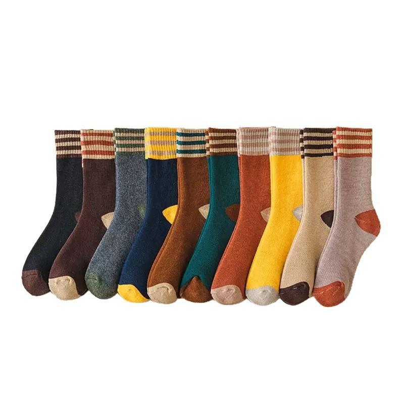 Women's Fleece Thickened Mid-calf Striped Loop Socks for Warmth in Autumn and Winter, Retro Towel Postpartum Socks
