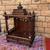 Wooden Pooja Temple With Bells Mandir Desk Storage -Religion Temple-Pooja Stand Mandir With Desk Wall Temple-Pooja Cabinet with Brass Bells
