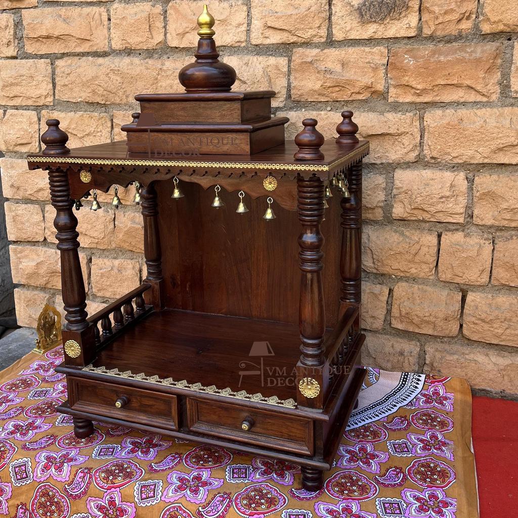 Wooden Pooja Temple With Bells Mandir Desk Storage -Religion Temple-Pooja Stand Mandir With Desk Wall Temple-Pooja Cabinet with Brass Bells