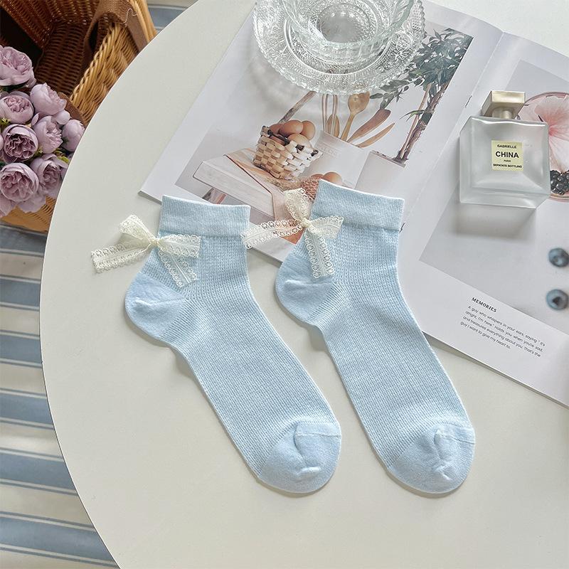 

Женские новые весенне-летние носки из дышащей сетки с кружевом и бантом 1 pair синий
