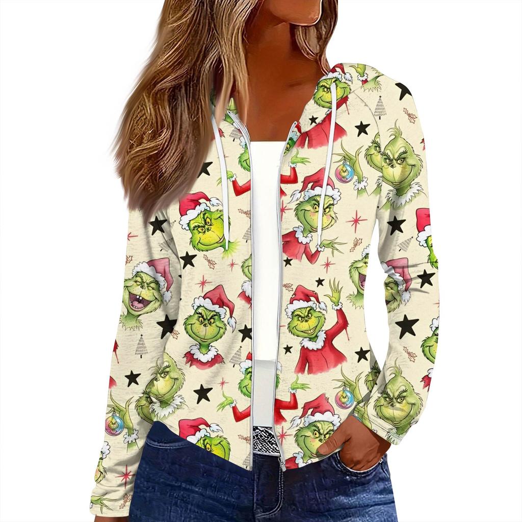 Women's Fashion Christmas Print Casual Zip-Up Long-Sleeved Hooded Jacket