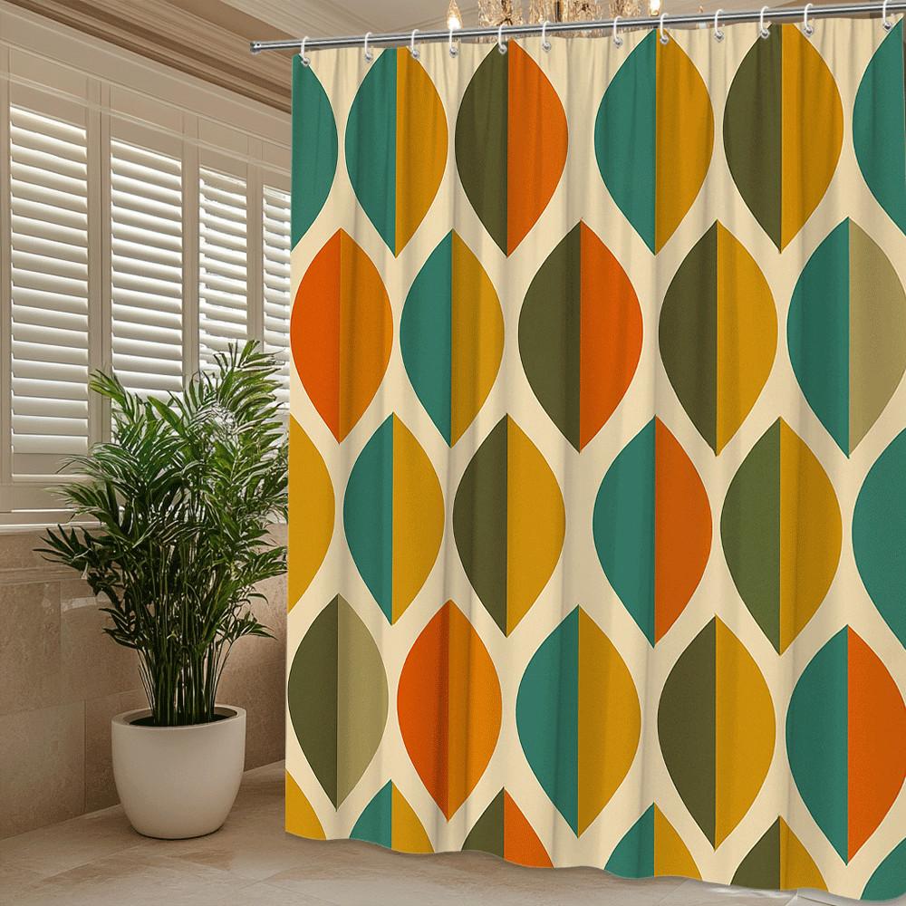 Retro vzor listů Závěs do sprchy Oranžová, zelená a hořčicová barva Design Mid Century Modern Dekorace Voděodolný Pozvedněte svůj prostor