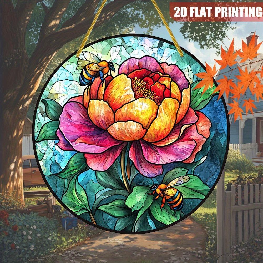 2D Round Bumblebee Flower Acrylic Suncatcher 8in Hanging Stained Glass Wall Decor
