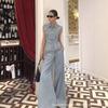 American High-end Denim Suit Autumn New Lapel Sleeveless Vest Top Casual Wide-leg Pants Women's Two-piece Set