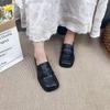 Johnature Genuine Leather Women Pumps Retro Square Toe Soft Sole Comfortable Shallow Slip-on Low Heel Shoes