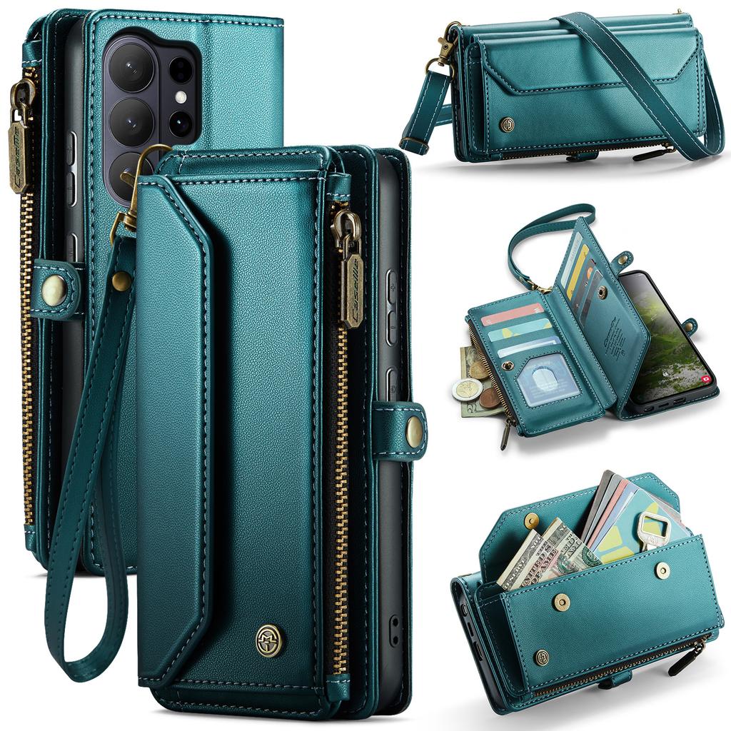For Samsung Galaxy S26 Ultra Leather Case CASEME C36 Zipper 10 Card Slots Phone Cover with Straps