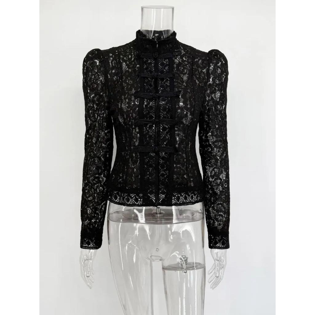 VAYLA Lace Printed Shirts Tops Female Hollow Out Fashion Commute Vintage See-Through Blouse Women's Lace Shrug Shirts New