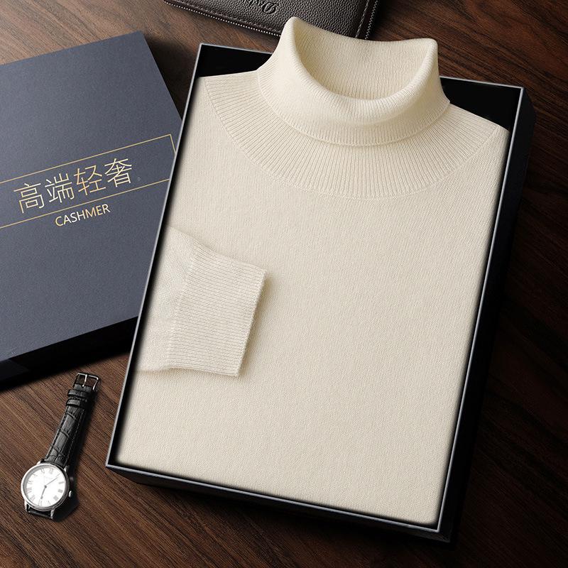 Men's High Neck Cashmere Sweater - Solid Color, Long Sleeve Knitwear for Casual and Business Wear