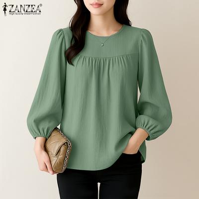 Women Casual Round Neck Loose 3/4 Sleeve Plain Blouse