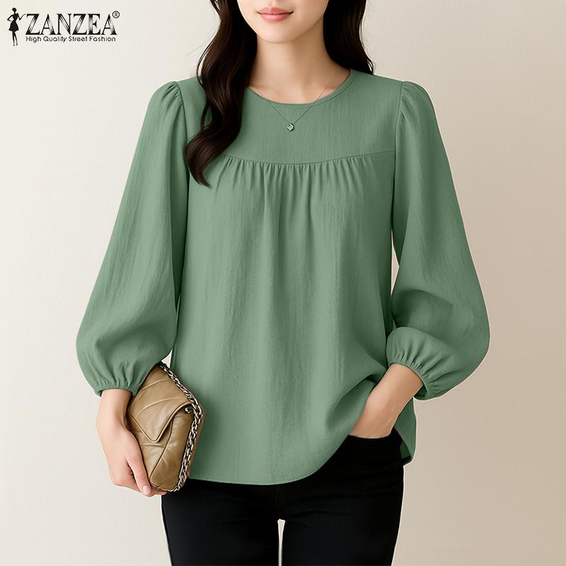 ZANZEA Dame Casual Rund Hals Løs 3/4 Erme Ensfarget Bluse