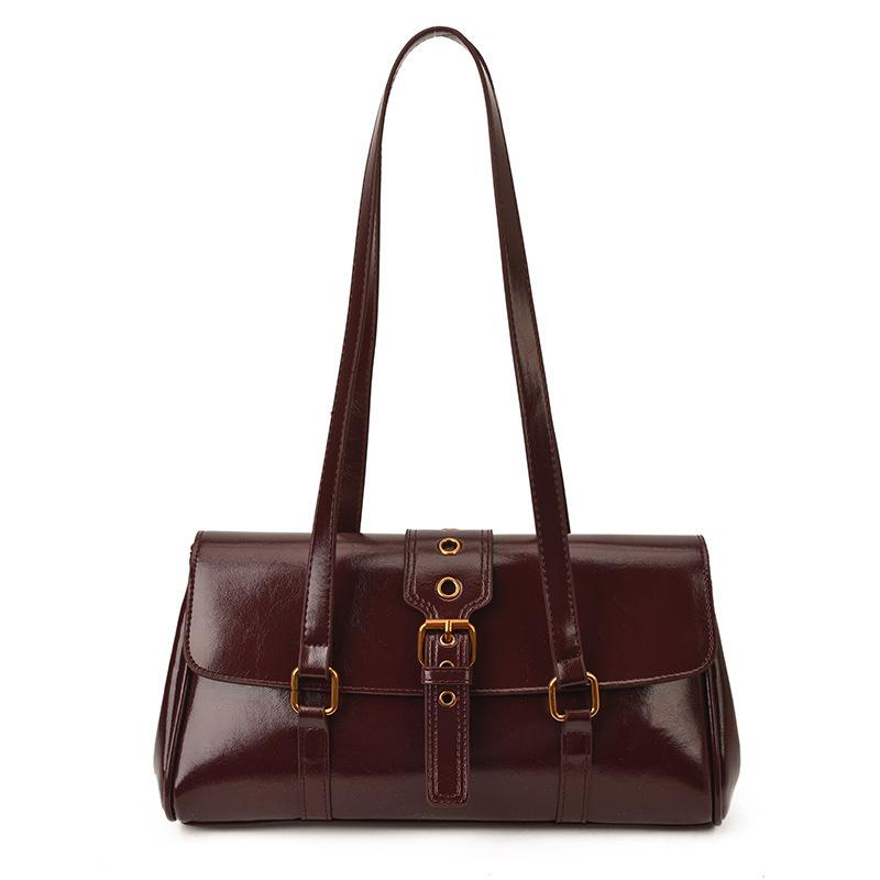 2026 Cute Retro Leather Baguette Bag For Ladies Brown Glossy Shoulder Purse With Adjustable Buckle Strap Gifts For Women