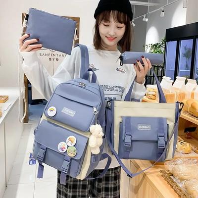 5-teiliges Set Schultaschen für Teenager-Mädchen Leinwand Unifarbe Damen Rucksack Weiblich Teenager Schüler Schultasche