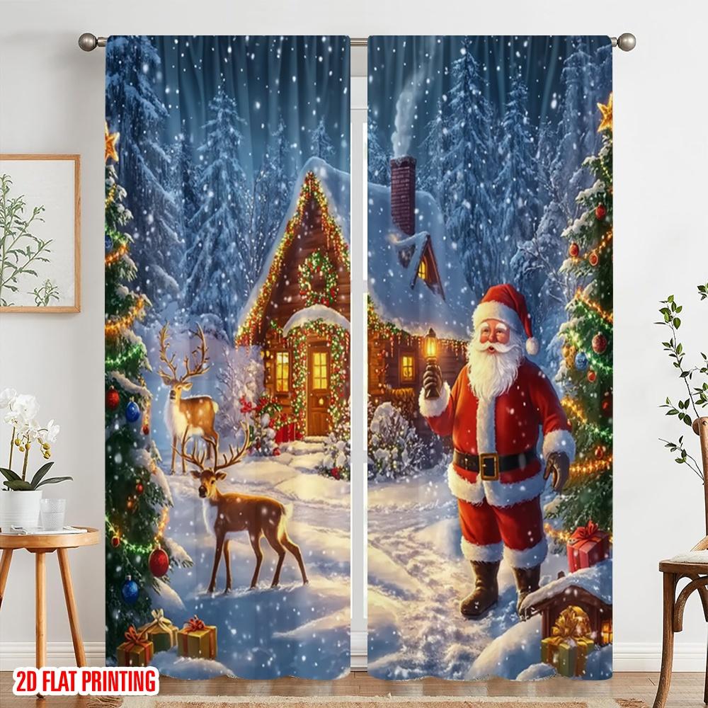 2pcs,2D Plane Printing Print Curtains Santa Claus With Reindeer Christmas Polyester Easy Install (without Rod) Outdoor