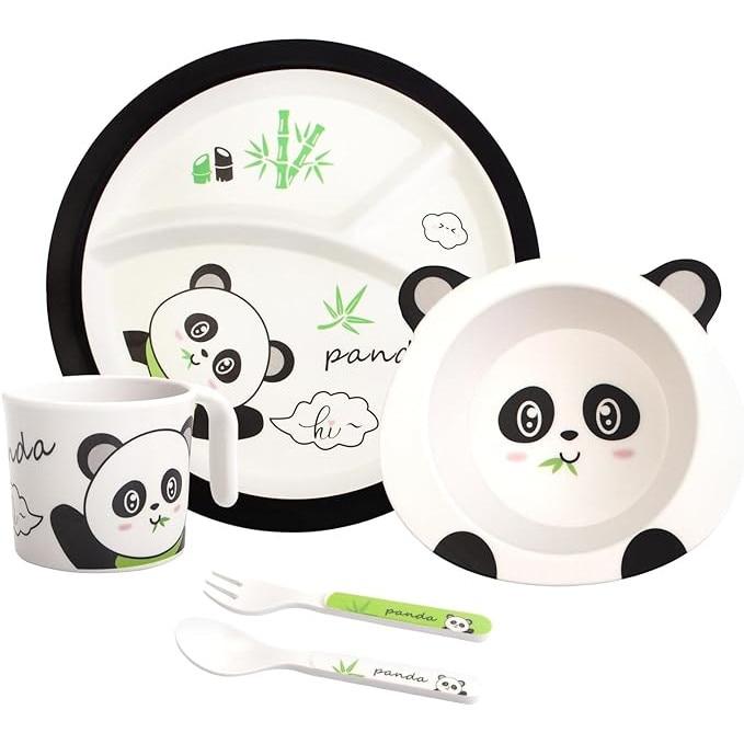 5-Piece Bamboo Panda Baby Feeding Set, Natural Eco-Friendly Reusable Plate Bowl Spoon Fork, Cute Toddler Kitchen Accessories
