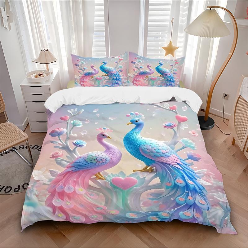 3er Set Bettwäsche mit Druck von pastellfarbenen Pfauen in einem romantischen Garten, weiche und bequeme Bettbezüge für Schlafzimmer, Gästezimmer