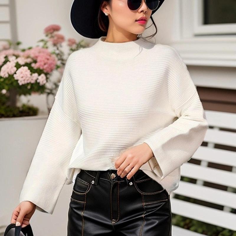 Autumn New Nine Point Sleeve Pullover Sweater Loose Women's Top Solid Color Long Sleeved Base Shirt Casual Versatile