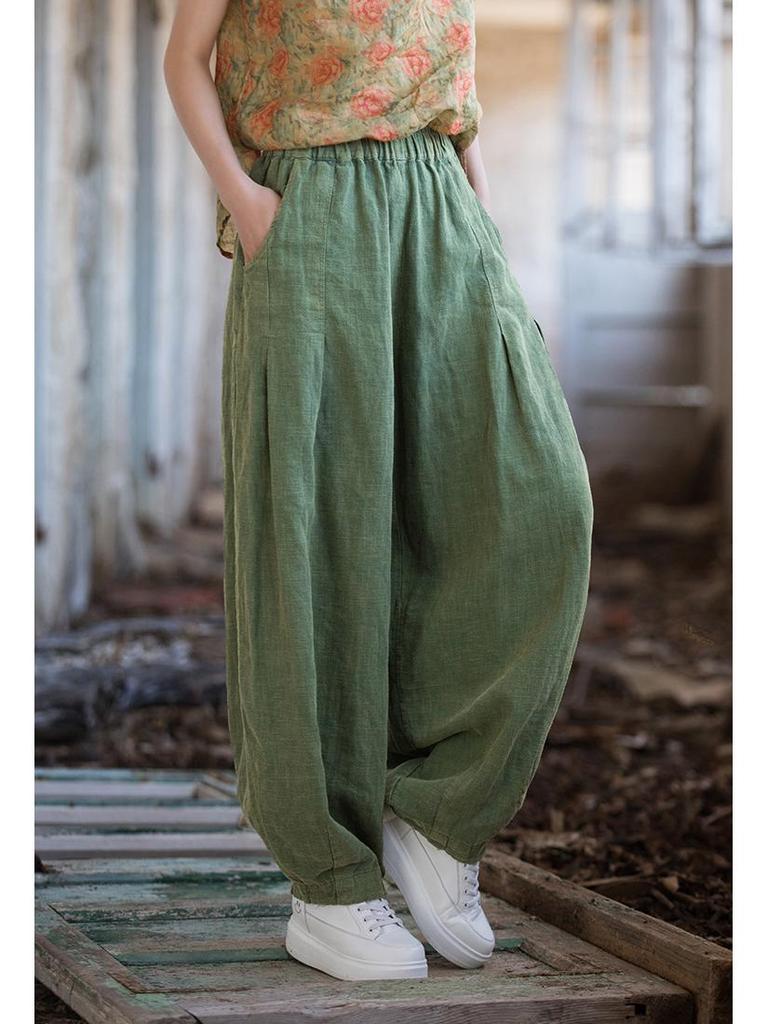 Ramie Distressed Cotton-Linen Women's Retro Lantern Pants