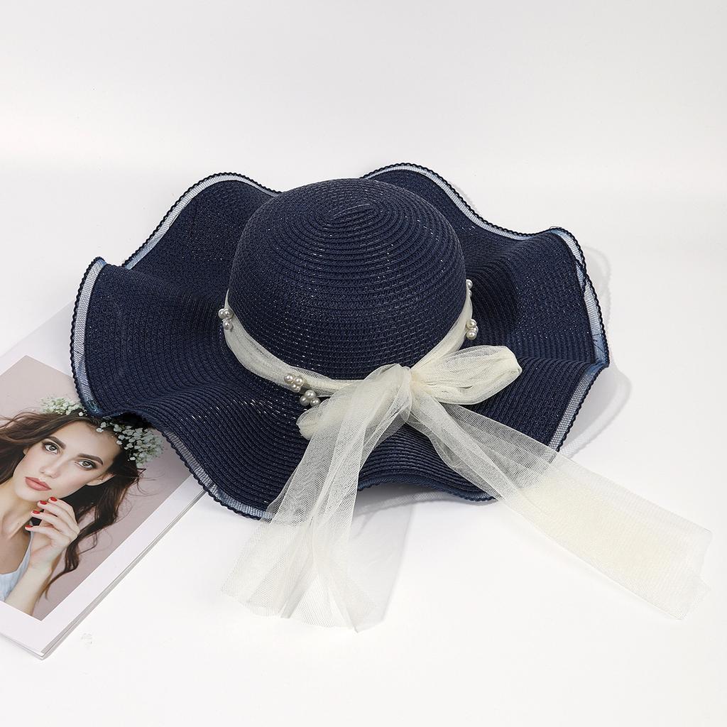 Lace pearl bow straw hat women's summer seaside beach vacation sunshade sun hat wide brim sunshade