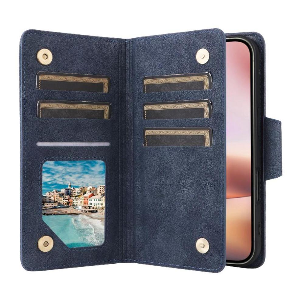 (Blue) Case for Iphone 16 Plus Magnetic Leather Card Holder Zipper Wallet Cover with Hand Strap