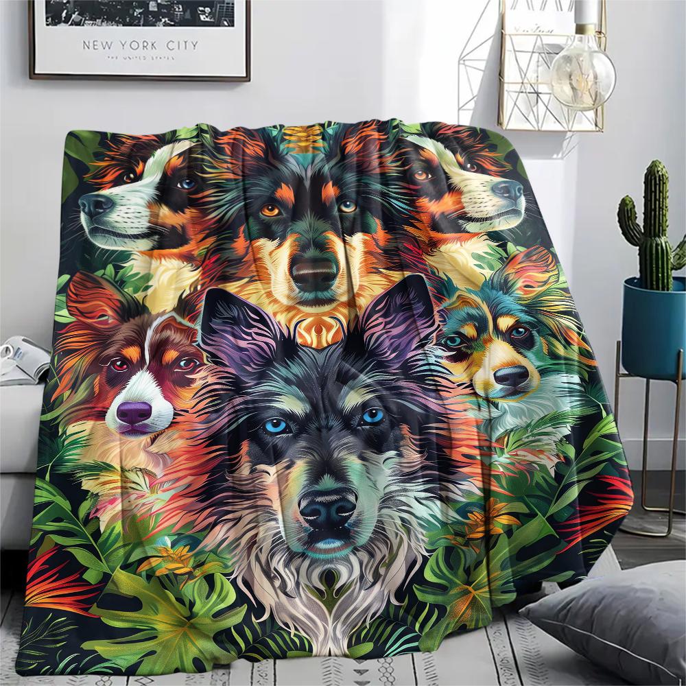 1Pc Collie Corgi Print Flannel Blanket, High quality Comfortable for All Seasons, Home Decor, Warmth and Comfort, Perfect for Christmas Gifts