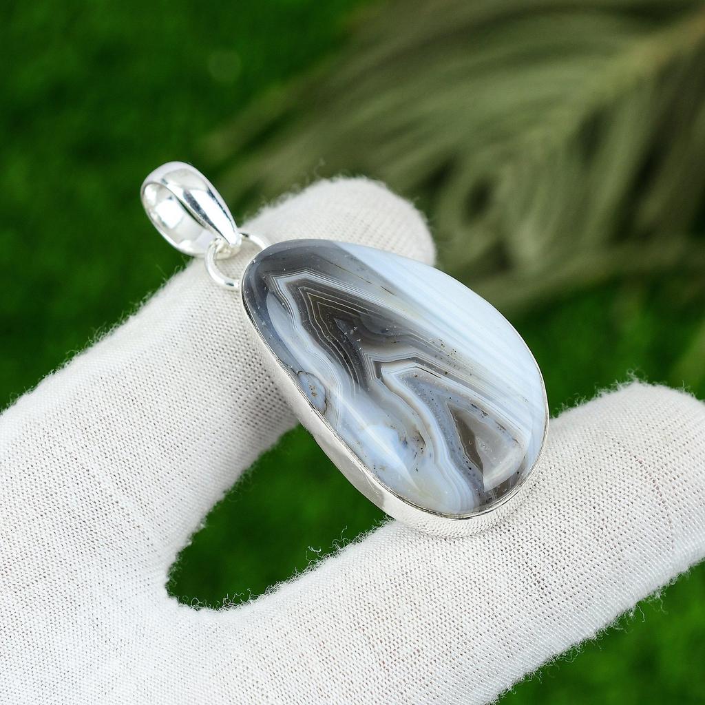 Botswana Agate Gemstone 925 Sterling Silver Sister Bezel Unique Pendant Jewelry