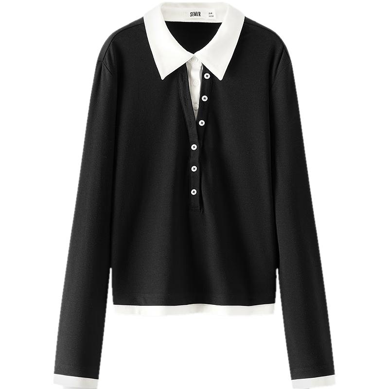 Semir Women s Faux Two-Piece Slim Fit Long-Sleeve Polo Shirt M чёрный