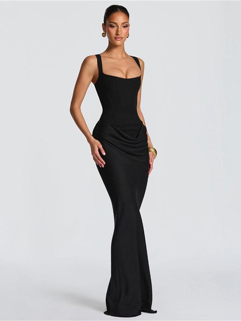 European Spring 2026 Square Neck Sleeveless Slim Fit Ruffle Dress