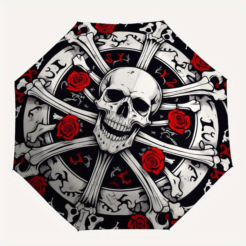 Skull & Roses Crossbones Circular Wall Art Decor Umbrella, Portable 3-Fold Compact Umbrella for Men & Women R135