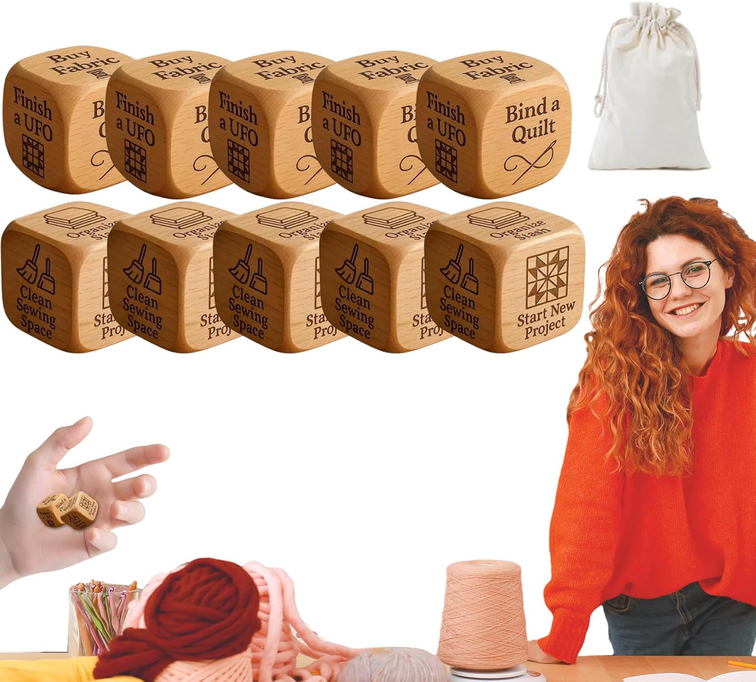 Patchwork Dice - Wooden decision dice designed for patchwork and sewing enthusiasts, hand-carved, 6 carved patchwork tasks (pack of 10)