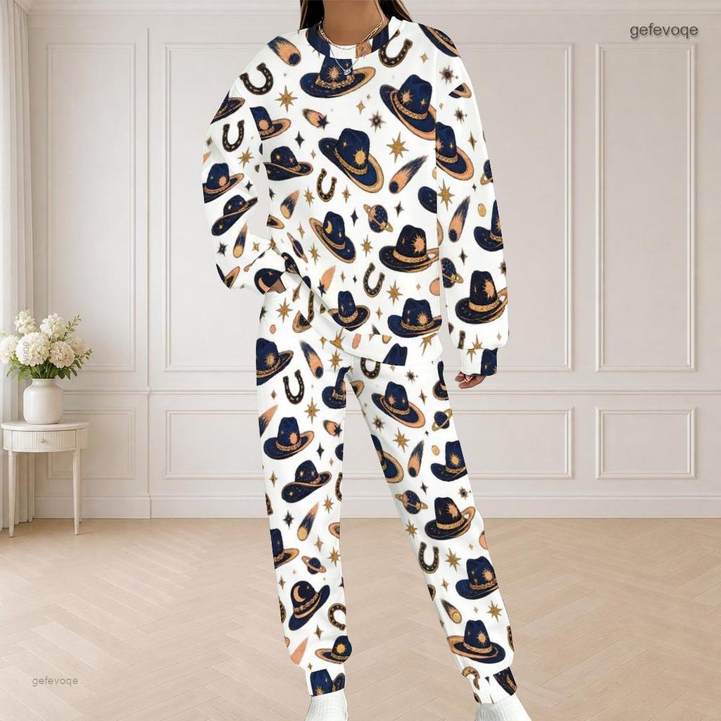 Women Plus Size Round Neck Long Sleeve Top And Long Pants Printed Two Piece Set