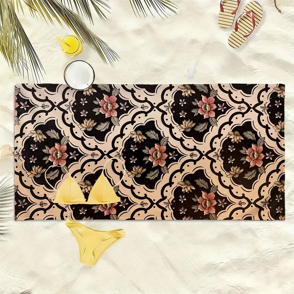 Retro and elegant floral wave pattern polyester microfiber beach towel is highly absorbent, suitable swimming and beach outings