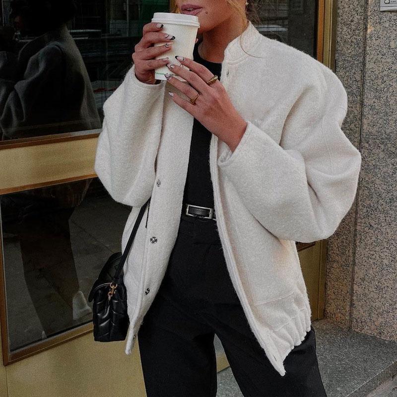 Woman Fashion Loose Gray Warm Baseball Jacket Spring Casual Oversized Bomber Jacket Girls Vintage Thick Warm Outwear